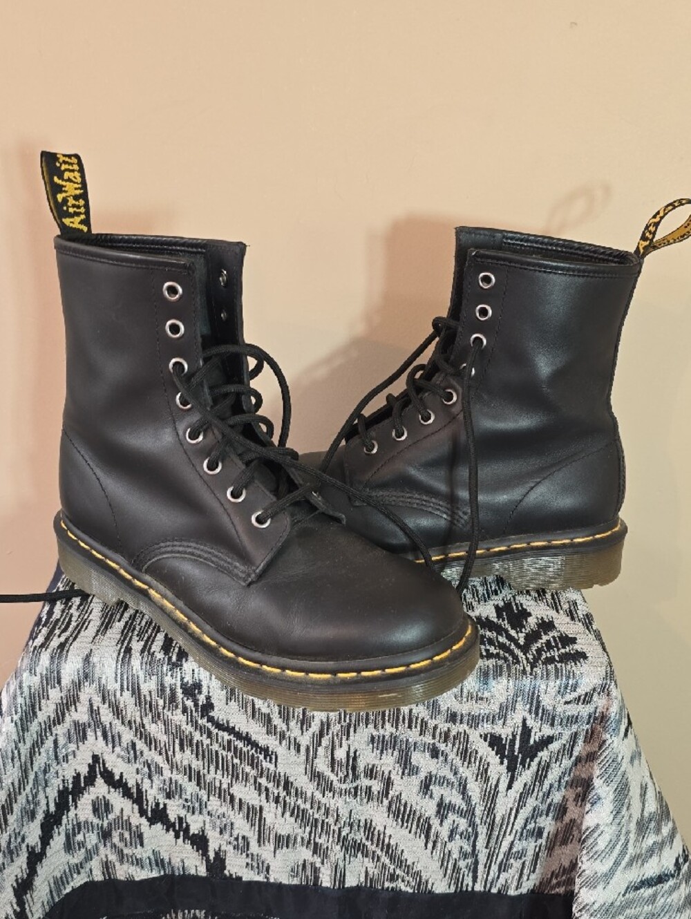 Dr. Martens Black Leather Lace-Up Combat Boots with Yellow Stitching - Picture 10 of 14